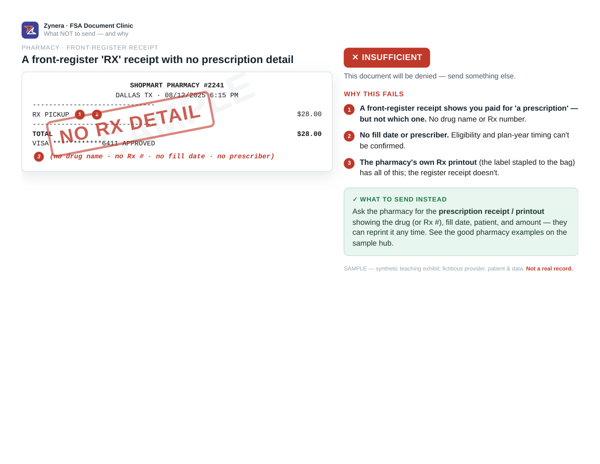 A front-register 'RX' receipt with no prescription detail