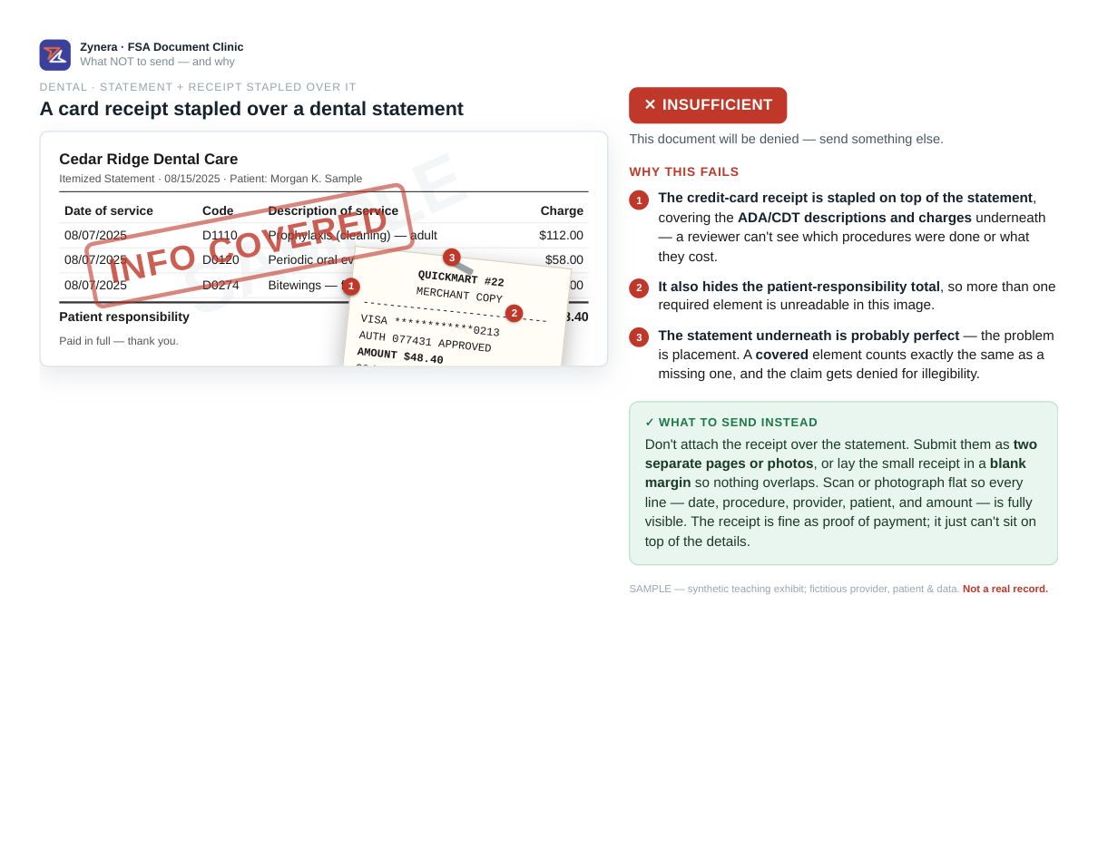 A card receipt stapled over a dental statement
